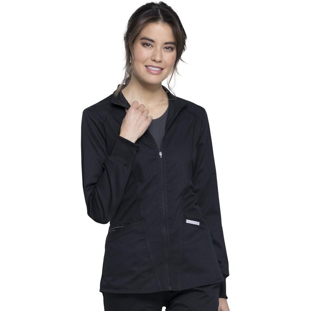 Scrub Jacket Women Zip Front High-Low 3 Pockets Mesh Soft 2-Way Stretch